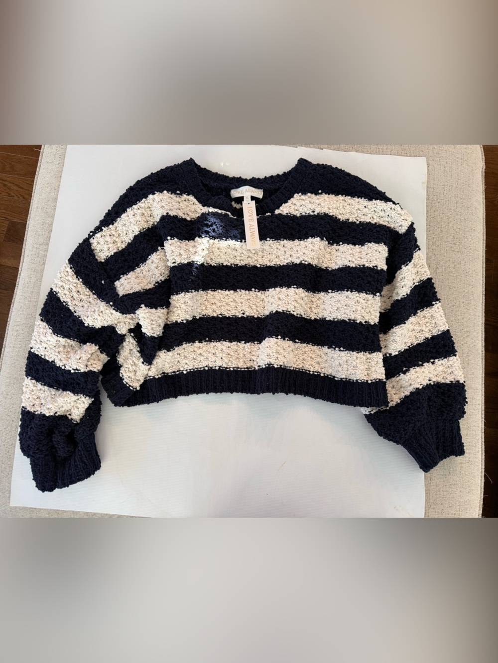 Love Always Black and Cream Popcorn Knit Striped Crewneck Sweater BNWT XL